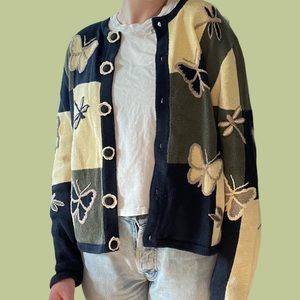 Hand Embroidered Color Block Butterfly Sweater